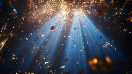 Golden confetti falling on a black background with rays of light shining down, confetti in the shape of coins and bar stock cards, a stage backdrop