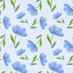 watercolor botanical seamless pattern with flowers on blue background. floral print for packaging paper, fabrics, wrapping gifts, scrapbooking wallpaper, textile