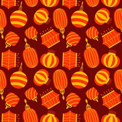 Chinese lanterns seamless pattern. Japanese new year red lamps festival, asian culture illustrations collection on red background for packaging paper, fabrics, wrapping gifts, scrapbooking wallpaper