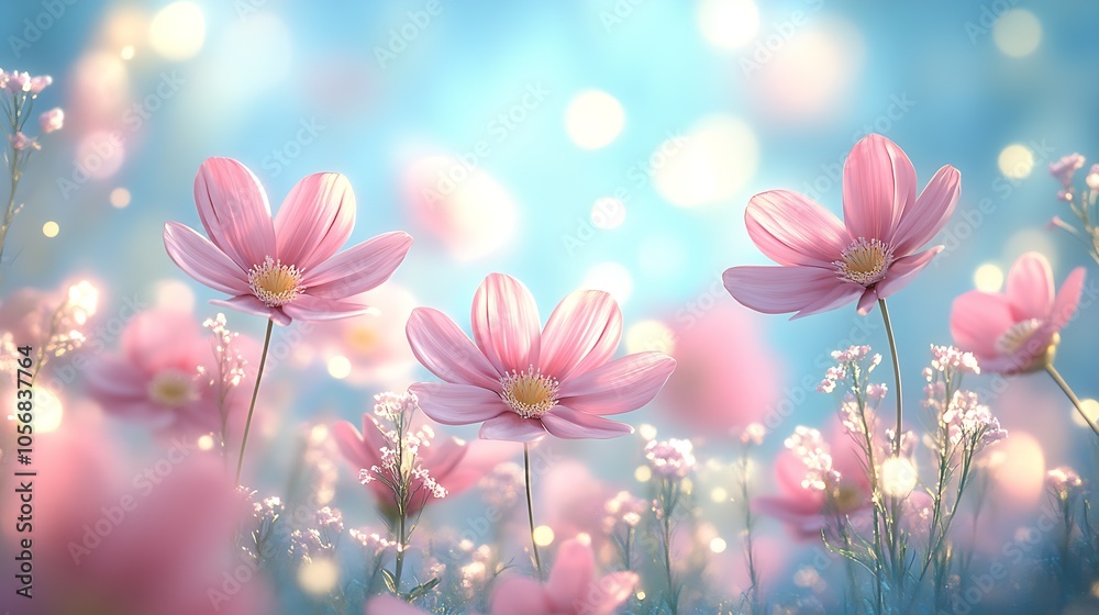 Poster radiant pink cosmos blossoms with golden centers and soft background bokeh effect : generative ai