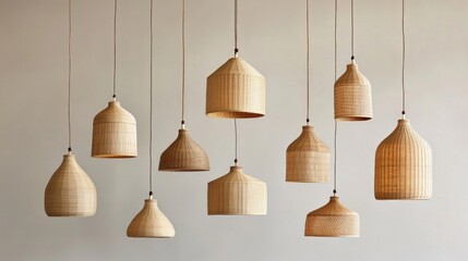 Obraz premium Elegant bamboo wood lamps in a soft, muted palette hang in a set against a neutral background, evoking nature-inspired minimalism