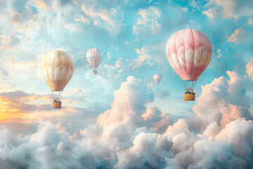A serene sky filled with colorful hot air balloons drifting among fluffy white clouds at sunset. © KAMOSTOCK