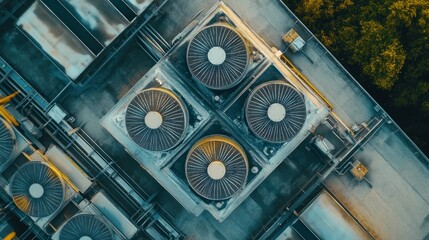 Obraz premium Aerial View of Industrial Rooftop with Cooling Fans