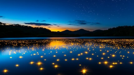 Night Sky Reflected in Calm Lake with Stars and Distant Mountains