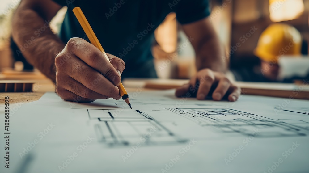 Poster detailed architectural blueprint pencil drawing by skilled professional on building project : genera