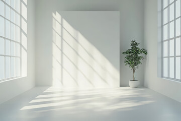 Obraz premium A bright, minimalistic room featuring large windows, soft shadows, a blank wall, and a potted plant, creating a serene atmosphere.