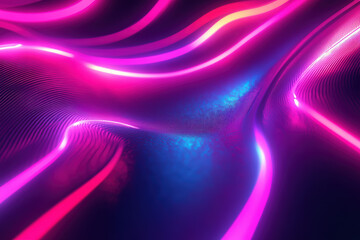 A vibrant display of flowing neon light waves in hues of pink and blue, creating a dynamic and futuristic atmosphere.