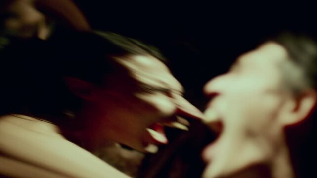 Distorting mirror reflection of man with bare torso and long hair screaming emotionally in pain or rage, creating powerful scene of being trapped between reality and nightmare