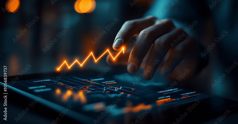 Aufkleber Digital Visualization of Economic Growth with Analyzing Data on Tablet and Rising Graph : Generative AI