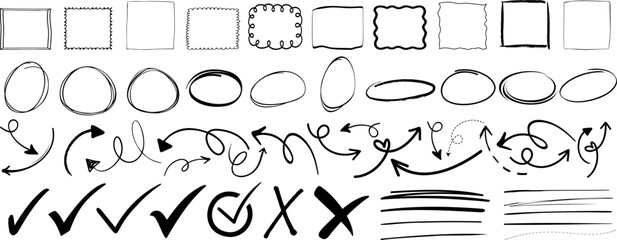 Hand drawn doodle frame, circle, arrow, check marks, and line vector set for creative designs, presentation, highlight, and decoration. Diverse elements for flexibility in projects, doodle and sketc © Arafat