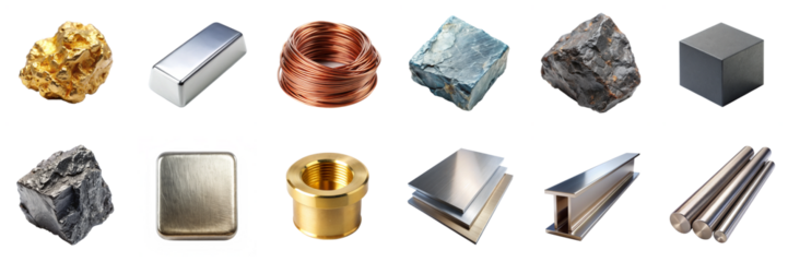 Metal types isolated on transparent background. Includes gold nugget, copper wire, iron ore, aluminum sheet, brass alloy, and more in png collection