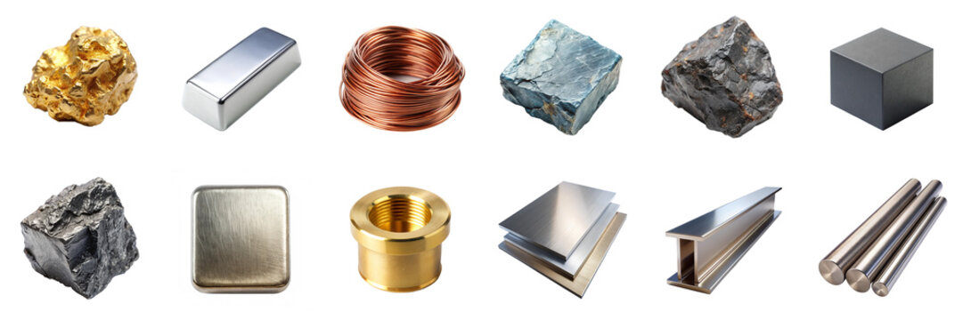 Metal types isolated on transparent background. Includes gold nugget, copper wire, iron ore, aluminum sheet, brass alloy, and more in png collection