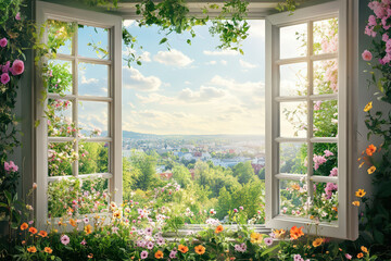 A vibrant window view opens to a lush landscape filled with flowers under a bright sky, inviting nature's beauty indoors.