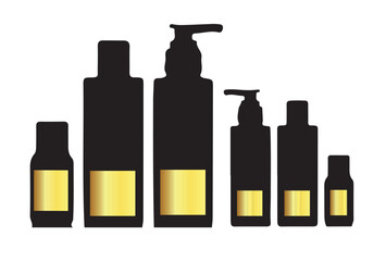 black and gold color glossy cosmetics bottle set on white background