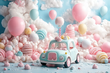 A whimsical scene featuring a blue toy car amidst pastel balloons and fluffy clouds, creating a dreamy, playful atmosphere perfect for celebrations.