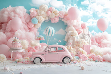 A whimsical scene featuring a pink car amidst pastel clouds, balloons, and sugary treats, creating a dreamy and playful atmosphere.