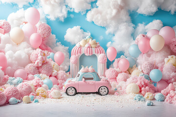 A whimsical scene featuring a pink car surrounded by fluffy clouds, colorful balloons, and candy-like decorations in a pastel theme.