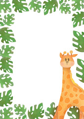 cute watercolor border frame with safari funny giraffe, flowers, green twigs. vertical template with copy space for childish birthday greeting cards. mockup and layout
