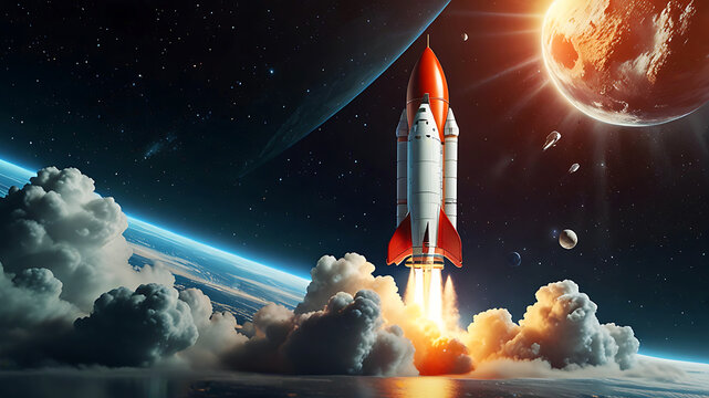 3D rocket in space, a rocket takes off into a sky leaving a fiery trail behind.