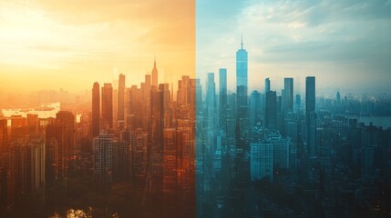 A Dual Perspective of a Modern Cityscape with One Half in Warm Sunset Hues and the Other in Cool Morning Tones
