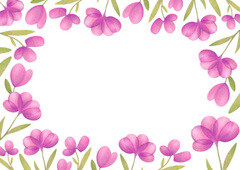 watercolor floral frame, border. hand drawn illustration with flowers, rose, leaf branches composition. horizontal banner template. wedding invites, wallpapers, mockup with copy space