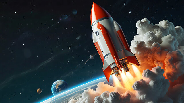 3D rocket in space, a rocket takes off into a sky leaving a fiery trail behind.