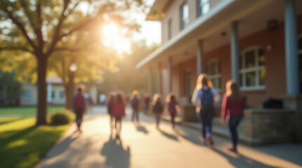 Students walking to school against the backdrop of a beautiful morning landscape