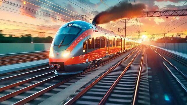 A train is speeding down the tracks with a bright orange and red color scheme. The train is surrounded by a bright orange and red sky