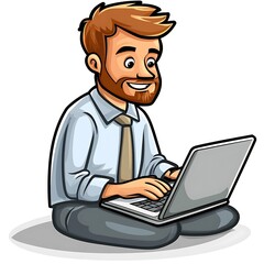 Cartoon employee sitting and typing on a laptop with a focused expression on a white background.