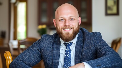 Naklejka premium Confident business professional smiling in modern office setting exuding positive energy and professionalism amidst a relaxed atmosphere