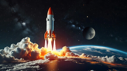 Naklejka premium 3D rocket in space, a rocket takes off into a sky leaving a fiery trail behind.