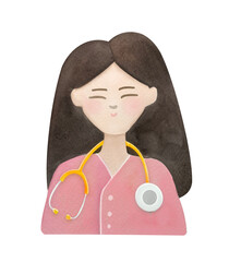 girl doctor with phonendoscope . watercolor cute illustration, portrait of Asian woman in a medical uniform. laboratory assistant, chemist, healthcare worker, white background, clip art and cut out