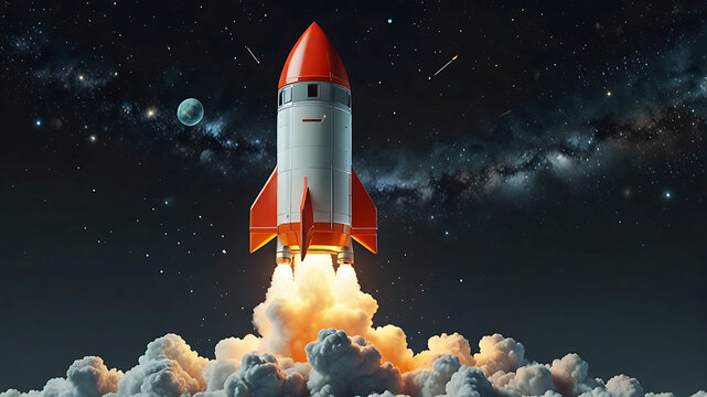 3D rocket in space, a rocket takes off into a sky leaving a fiery trail behind.