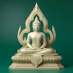 3D Buddha with beautiful face in Thai art style, Childhood, Clear, Full body sitting on lotus base, 3D cream plaster, Green background, 3D illustration, Digital art, Realistic