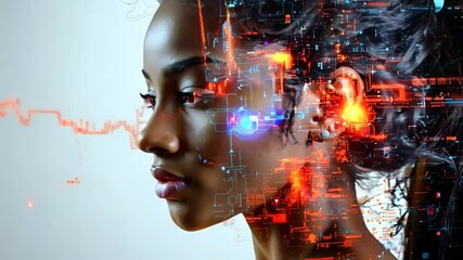 A woman's face is shown in a computer generated image with a futuristic cityscape in the background. Concept of technology and innovation, as well as a futuristic and urban atmosphere - Powered by Adobe