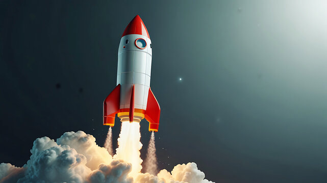 3D rocket in space, a rocket takes off into a sky leaving a fiery trail behind.