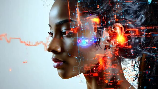 A woman's face is shown in a computer generated image with a futuristic cityscape in the background. Concept of technology and innovation, as well as a futuristic and urban atmosphere