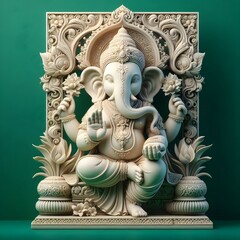 Fototapeta premium 3D Buddha with beautiful face in Thai art style, Childhood, Clear, Full body sitting on lotus base, 3D cream plaster, Green background, 3D illustration, Digital art, Realistic
