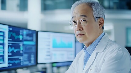 Fototapeta premium A focused scientist analyzing data in a modern laboratory setting with advanced technology and research tools