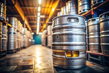 Fototapeta premium A close-up view of a freshly tapped keg standing upright in the brewery's cellar or taproom with a few inches of head on top, foam, head