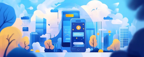 Mobile app with Bitcoin transfer, online blockchain wallet, flat design illustration