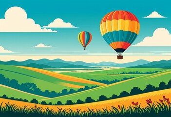 Fototapeta premium Colorful hot air balloons floating over scenic rural landscape with rolling hills and fields