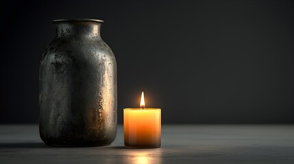 Ancient Style Oil Jar Beside a Lit Candle