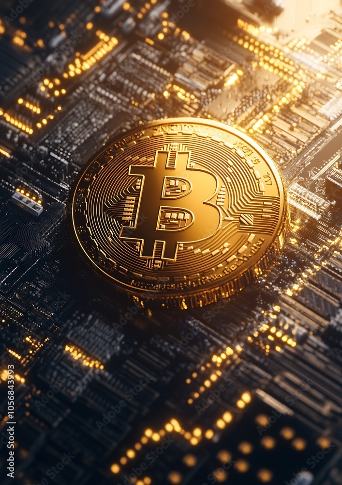 Aufkleber Luminous Bitcoin Coin on High-Tech Circuit Board with Shining Lights : Generative AI