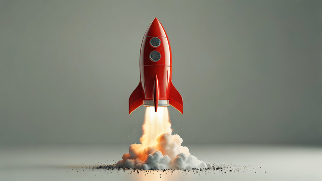 3D rocket in space, a rocket takes off into a sky leaving a fiery trail behind.