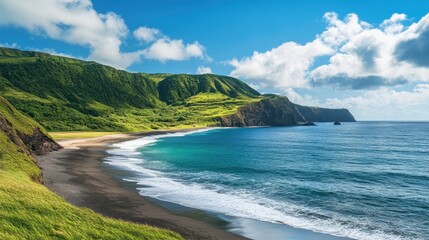Obraz premium Scenic Coastline with Lush Green Hills and Black Sand Beach