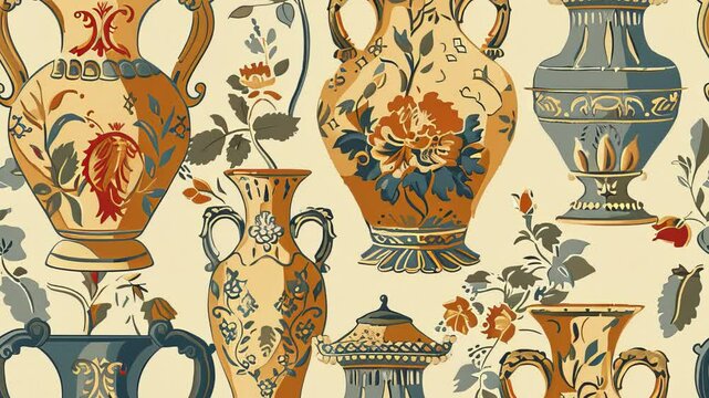 Animated video background with seamless loop movement of Antique vases illustration pattern