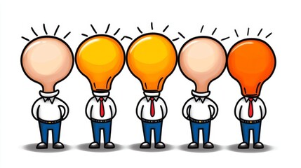 Cartoon Characters with Light Bulbs as Heads  Teamwork  Collaboration  Idea  Brainstorming