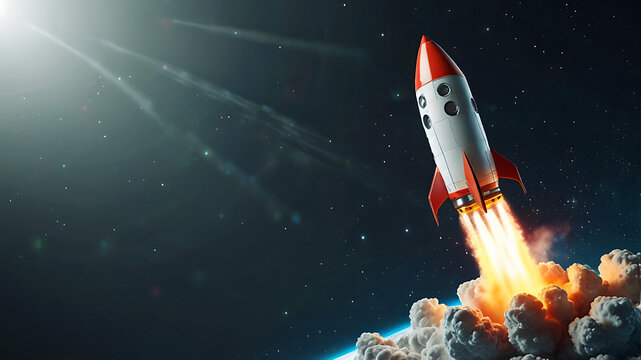 3D rocket in space, a rocket takes off into a sky leaving a fiery trail behind.