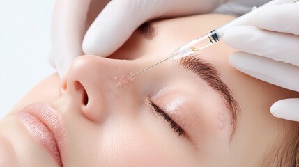 Beauty treatment with injection on woman's face, white isolate background.